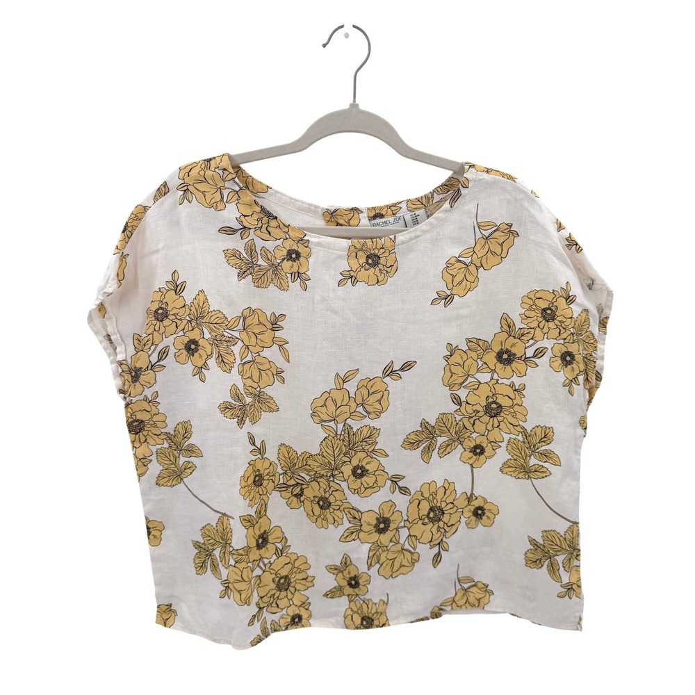 Rachel Zoe Womens Medium 100% Linen Floral Button Back Boxy Top White Yellow‎